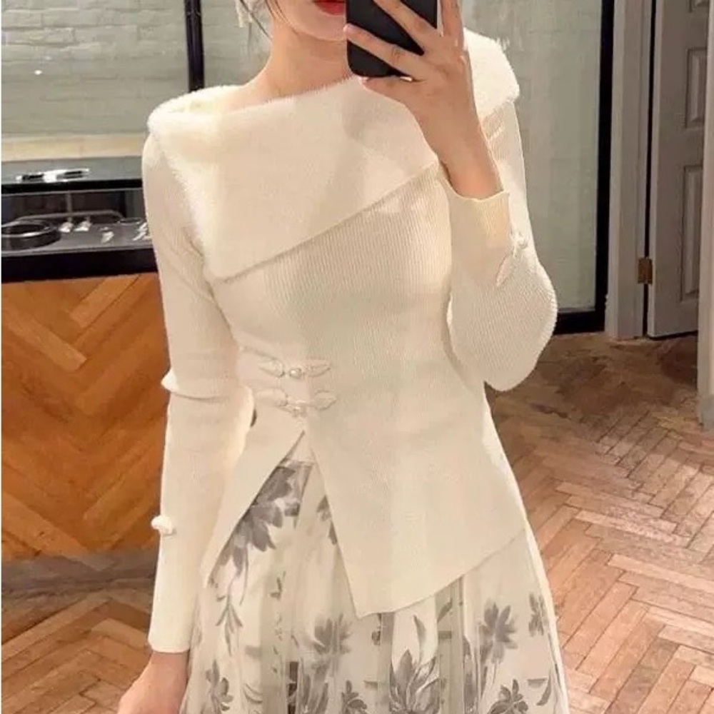 Japanese Style White Cream Soft Knitted Asymmetrical Elegant Blouse Top